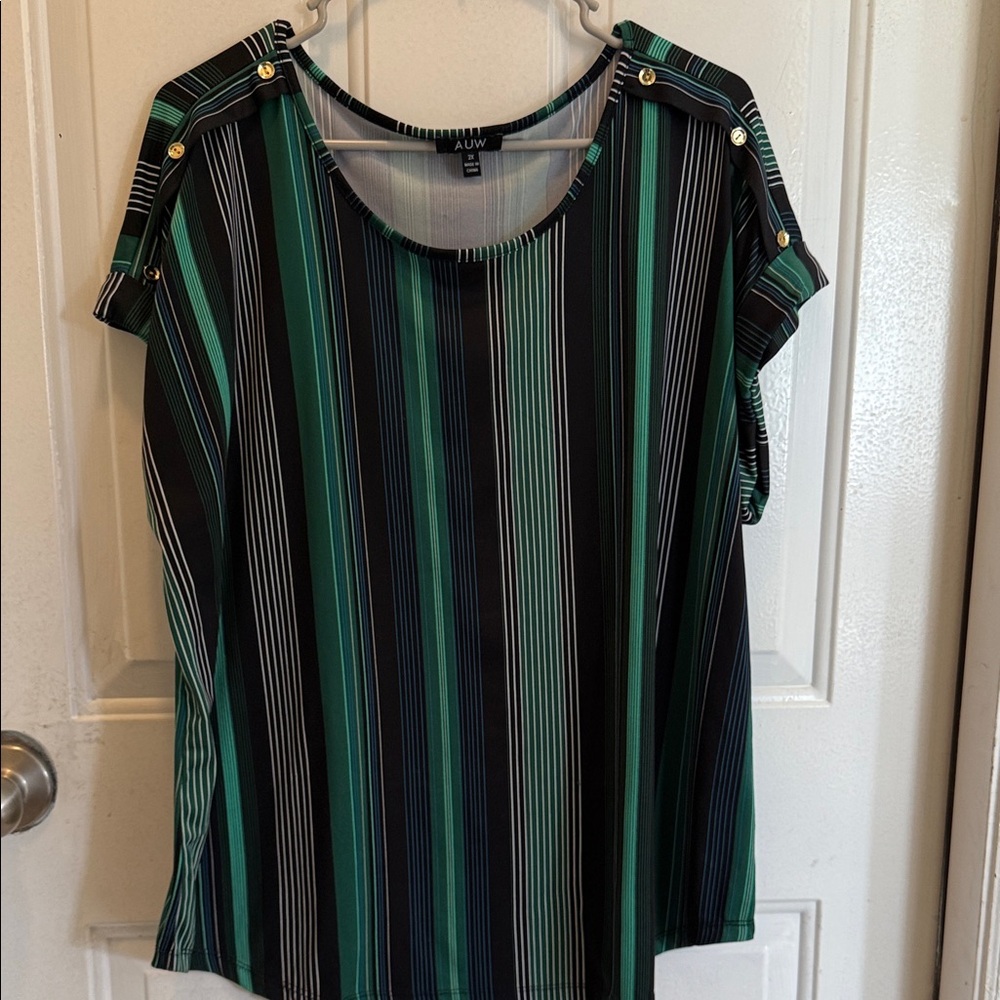 AUW Black and Green Striped Short Sleeve Blouse with Gold Buttons